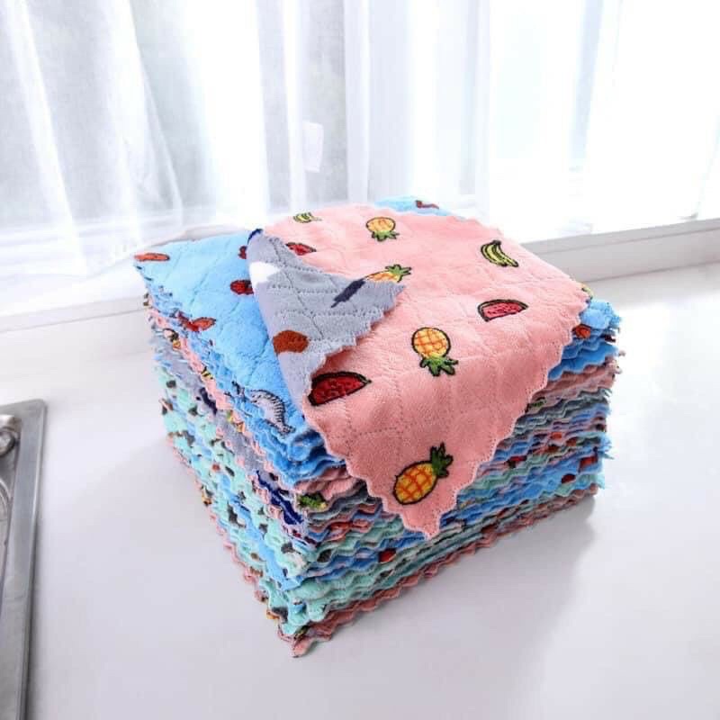 combo 10 khăn lau 2 mặt họa tiết hoa quả 25x25 cm siêu thấm hút