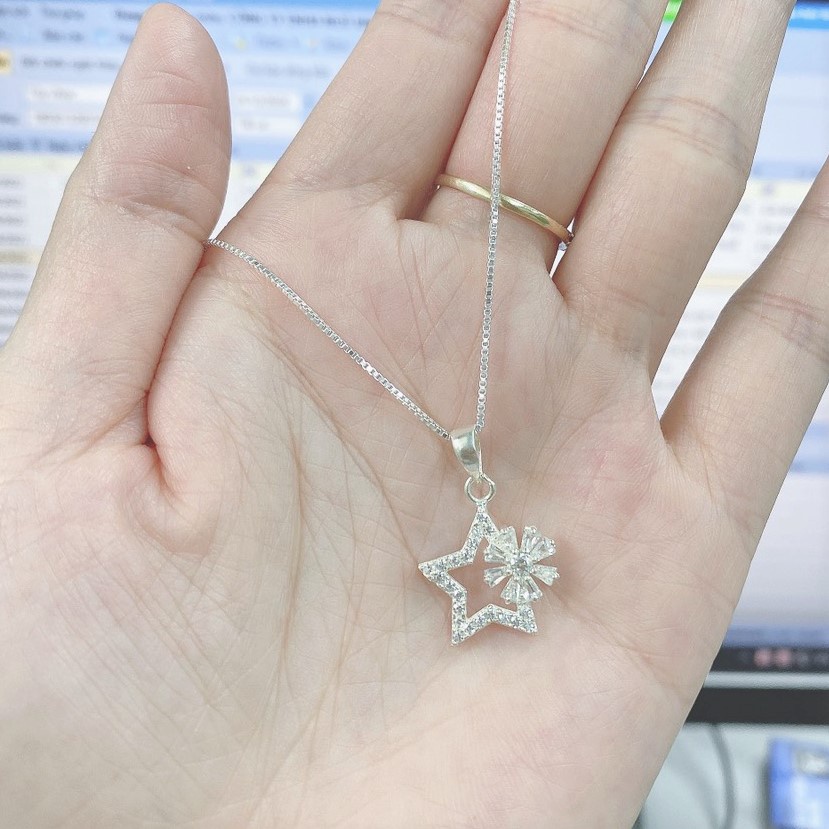 Dây chuyền bạc nữ mặt ngôi sao đính hoa đá, vòng cổ chất liệu bạc ta sang trọng nữ tính