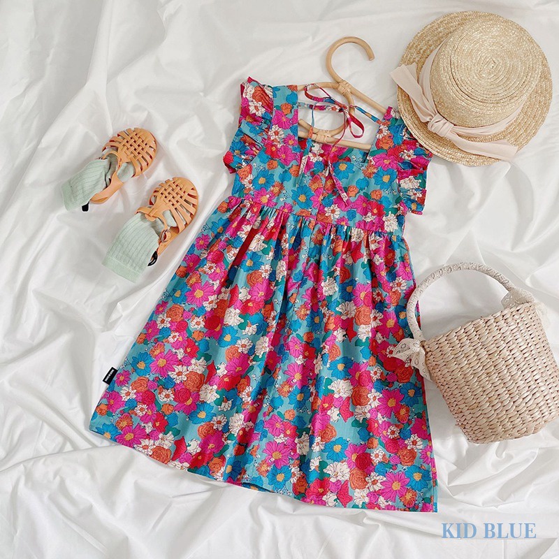 Đầm Dài Cổ Vuông Tay Cánh Tiên In Họa Tiết Hoa Thời Trang Hàn Quốc Cho Bé Gái