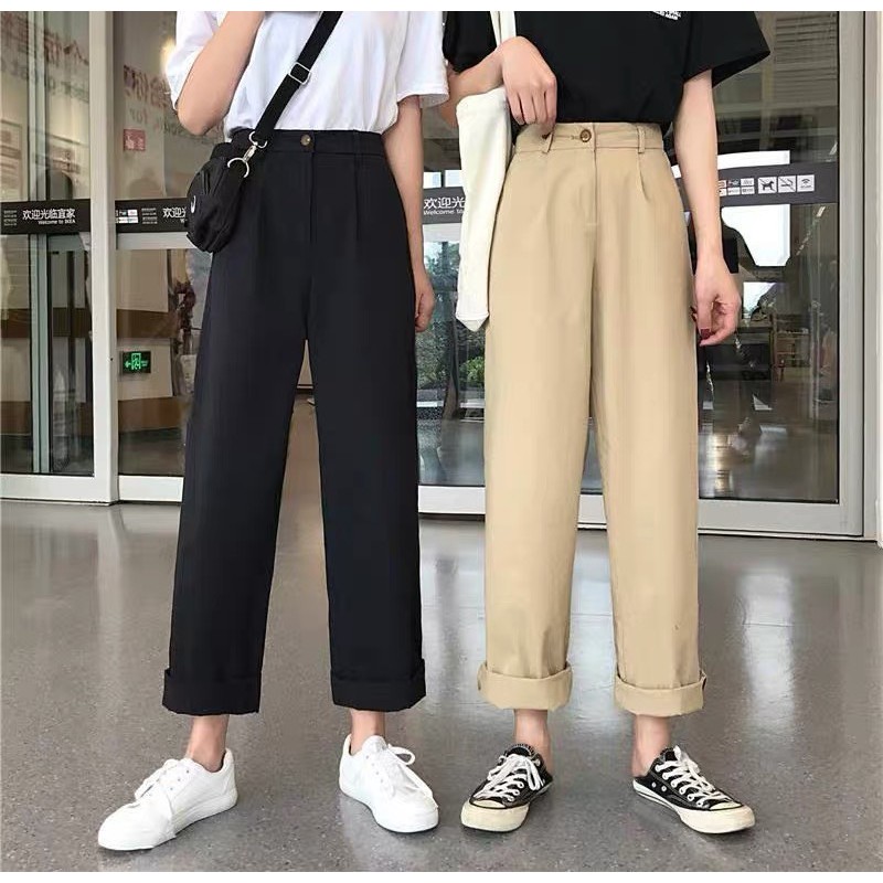 Quần ống rộng kaki cúc KA FREESHIP Chất kaki 2 màu Đen Sữa Size ML cạp cúc hot hit from rộng