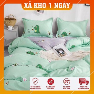 Chăn ga gối cotton poly nhập khẩu mẫu khủng long ăn bơ bộ 4 món Chăn, ga , 2 vỏ gối