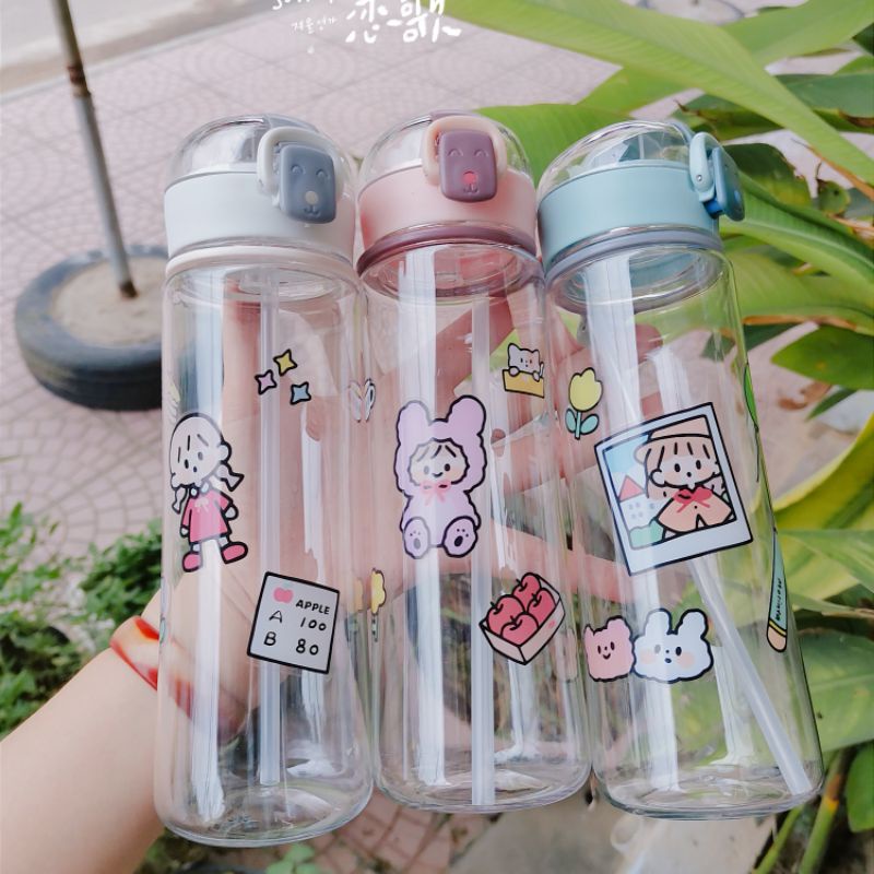 Bình đựng nước cute có ống hút, bình nước nhựa dễ thương có ống hút 500ml mang đi học, đi làm tiện dụng dễ thương