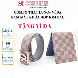 COMBO Thắt Lưng Nam LV/Dây Nịt Nam+ Ví Da/Bóp Nam Cao Cấp Kẻ Caro Màu Nâu Mặt Khóa Vàng LV Da Tổng Hợp PVC