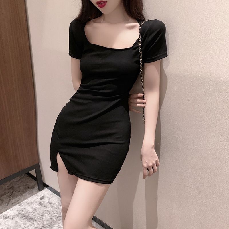 Đầm body,đầm cổ vuông tay ngắn chất thun bo zip mịn mát , co giãn -2 màu đen,xanh