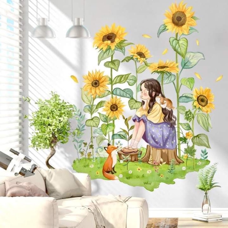 Decal mẫu cô gái hướng dương xinh xắn kt 75*95cm