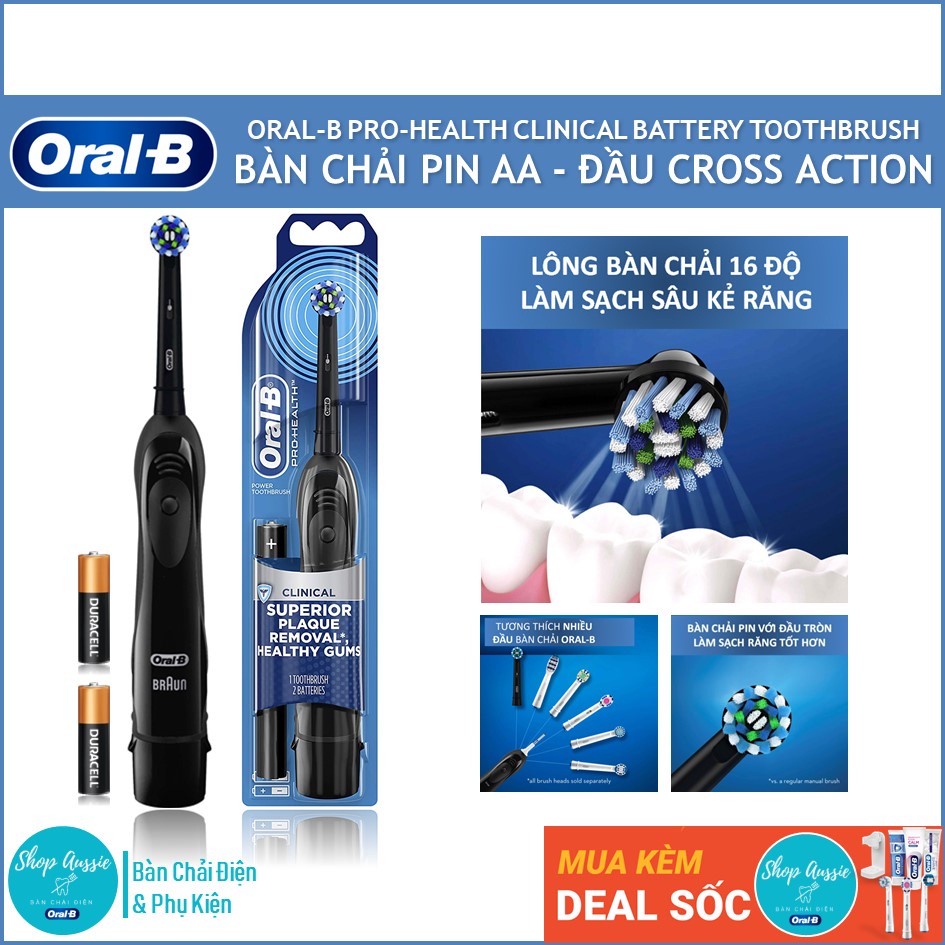 Bàn Chải Pin Oral-B Clinical - Đầu CrossAction, Màu đen - Dùng pin AA