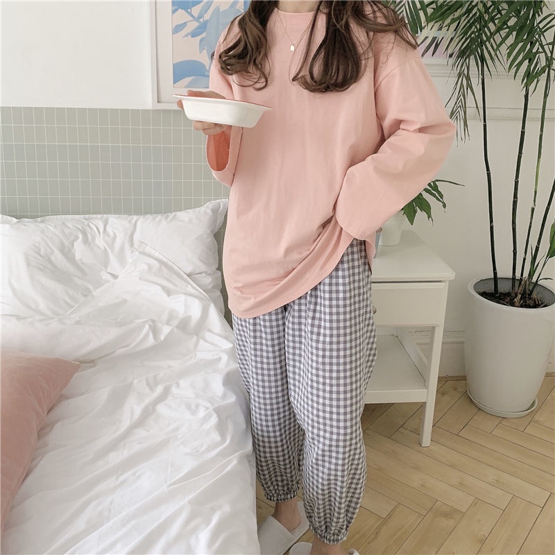 Bộ đồ ngủ áo sơ mi tay dài màu sắc đơn giản phong cách Hàn Quốc