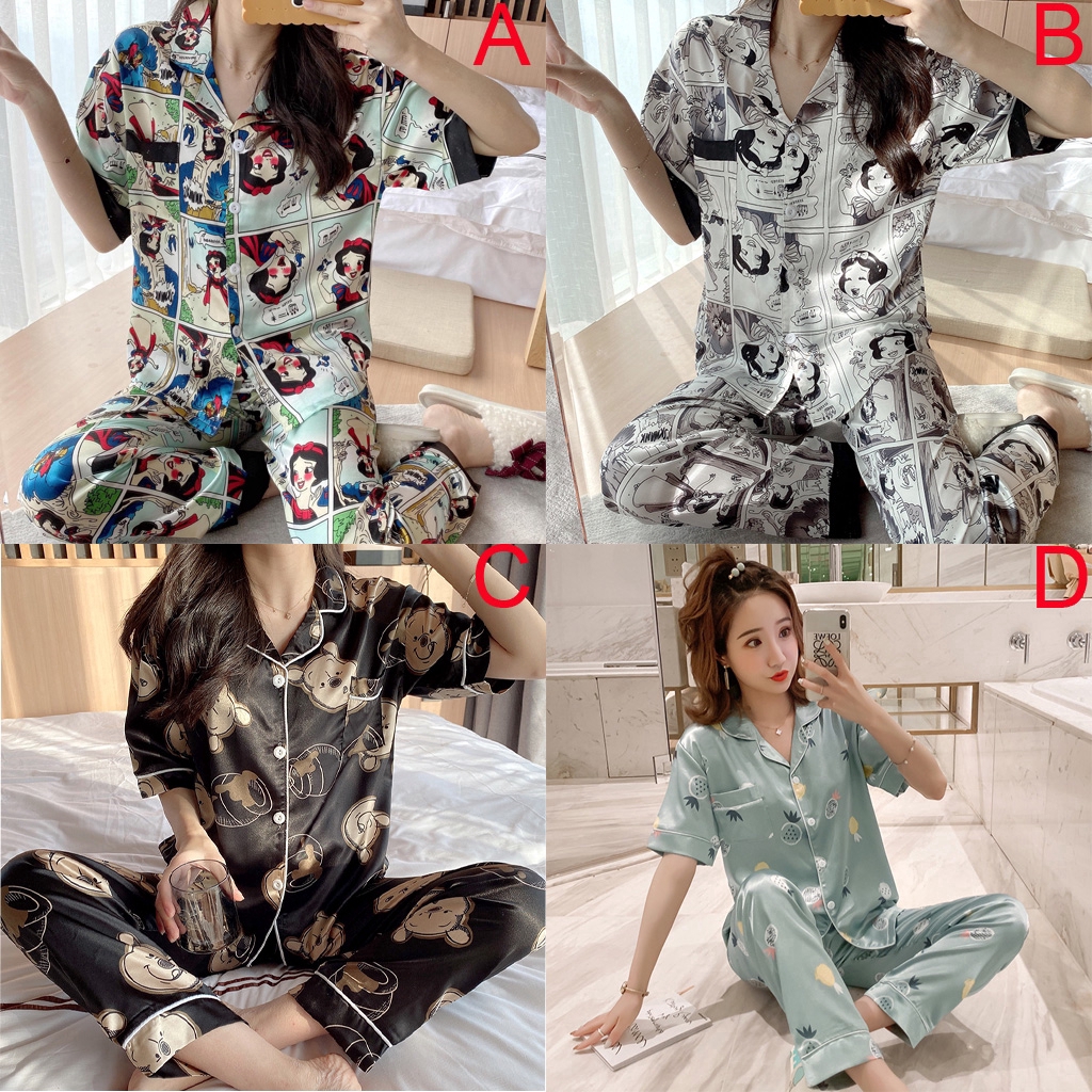 Bộ Đồ Ngủ Vải Phi Bóng In Hình Bạch Tuyết Quyến Rũ Cho Nữ