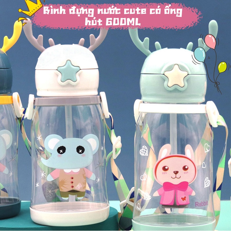 Bình nước cho bé đi học có ống hút 600ml Hình Gạc Nai Hươu Dễ Thương Nhiều Màu Sắc Cho Bé