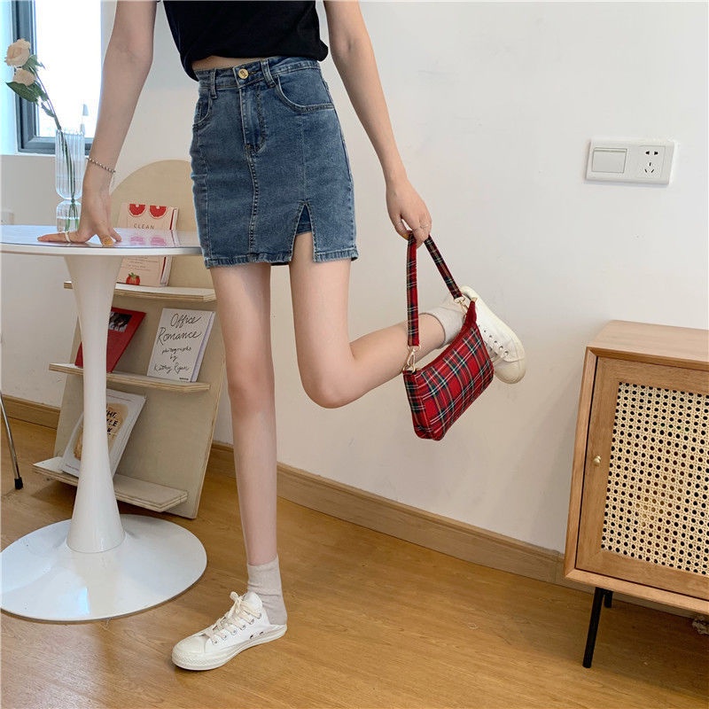 chân váy jean Lưng Cao Xẻ Tà Phong Cách Hàn Quốc Size S-Xl 2021