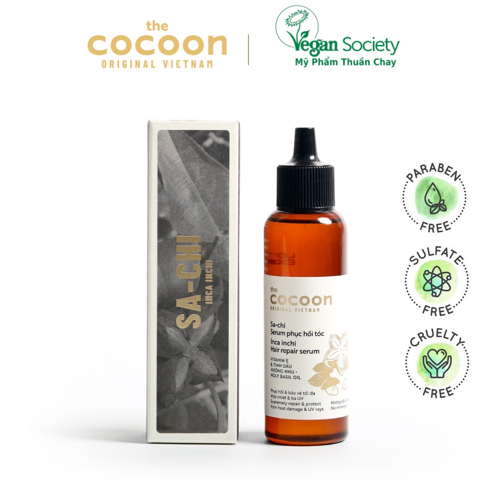 Serum Tóc Cocoon Sachi Phục hồi tóc hư tổn, khô xơ, chẻ ngọn 70ml - Vegan Society - Mỹ phẩm thuần chay Việt Nam