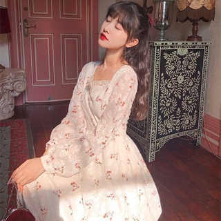 Đầm maxi cổ vuông tay dài phối ren thời trang nữ mùa thu dễ thương