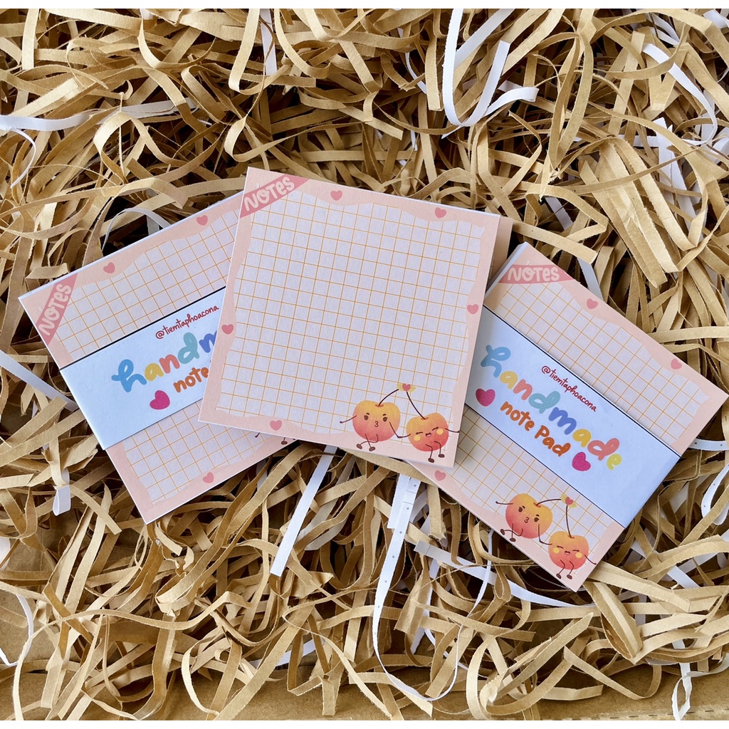 Handmade Cherry Couple  Note Pad / Memo pad - Giấy ghi chú hình Cherry có kẻ dòng caro tiện lợi - tiemtaphoacona