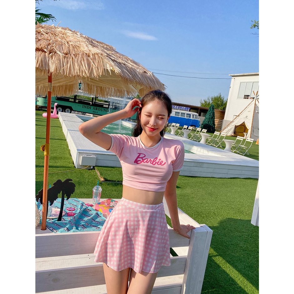 Bikini, đồ bơi nữ 3 mảnh crotop quần bơi chân váy hồng babie. đồ học bơi, đi biển Hàn Quốc vải cao cấp