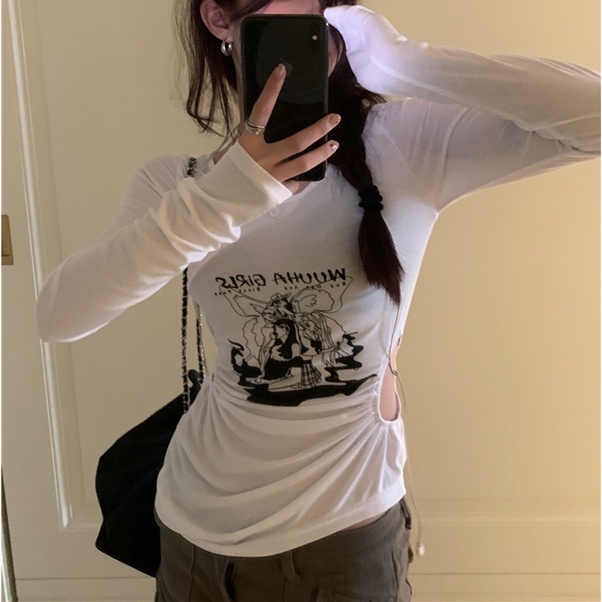 SUXI Áo Thun Tay Dài Dáng Ôm In Chữ Thời Trang Quyến Rũ Cho Nữ