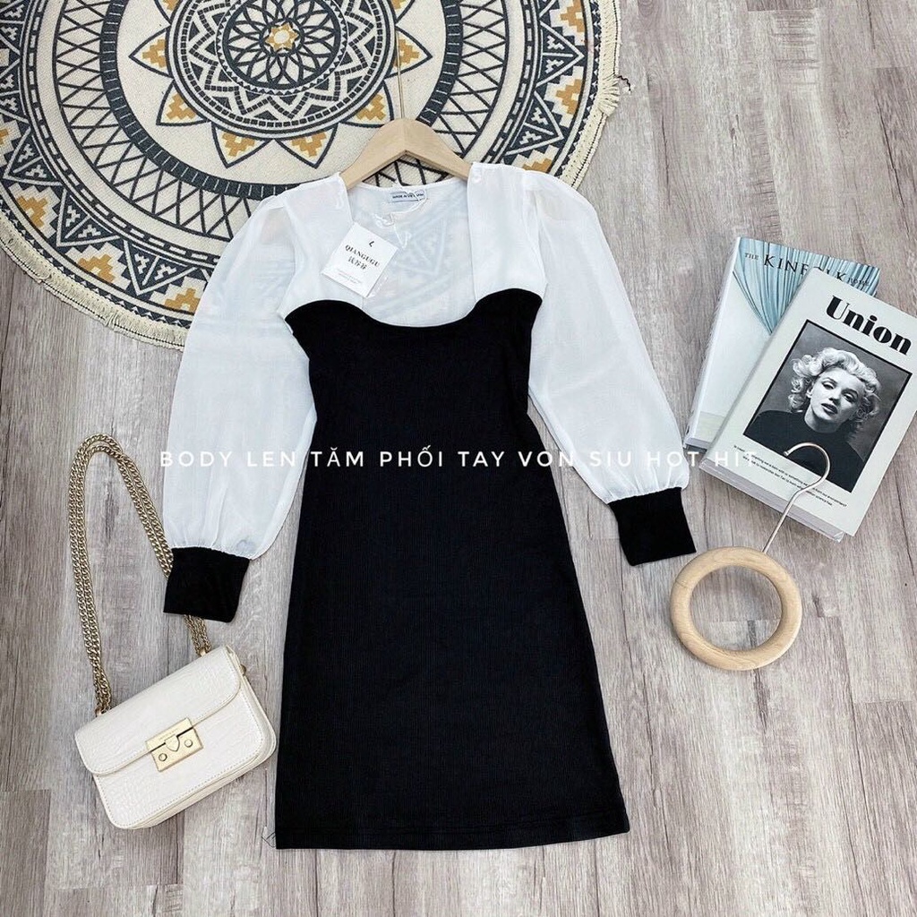 Đầm Body Tay Dài Phối Voan Có Mút