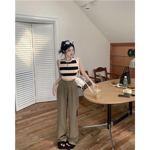 Set Áo Thun Sát Nách Và Quần Dài Ống Rộng Họa Tiết Kẻ Sọc Thời Trang Cho Nữ
