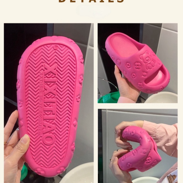 Dép quai ngang nữ đế đúc độn chống nước Dép bánh mì gấu nổi chất cao su đặc mềm mang êm chân cao 4cm-DL164