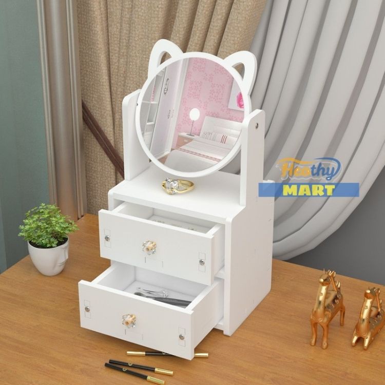 [Sale] Bàn Trang Điểm Mini Có Gương Mèo Bằng Gỗ Nhựa Để Phòng Ngủ - Màu Trắng Nhỏ Gọn Đựng Mỹ Phẩm 27 x 17x 13