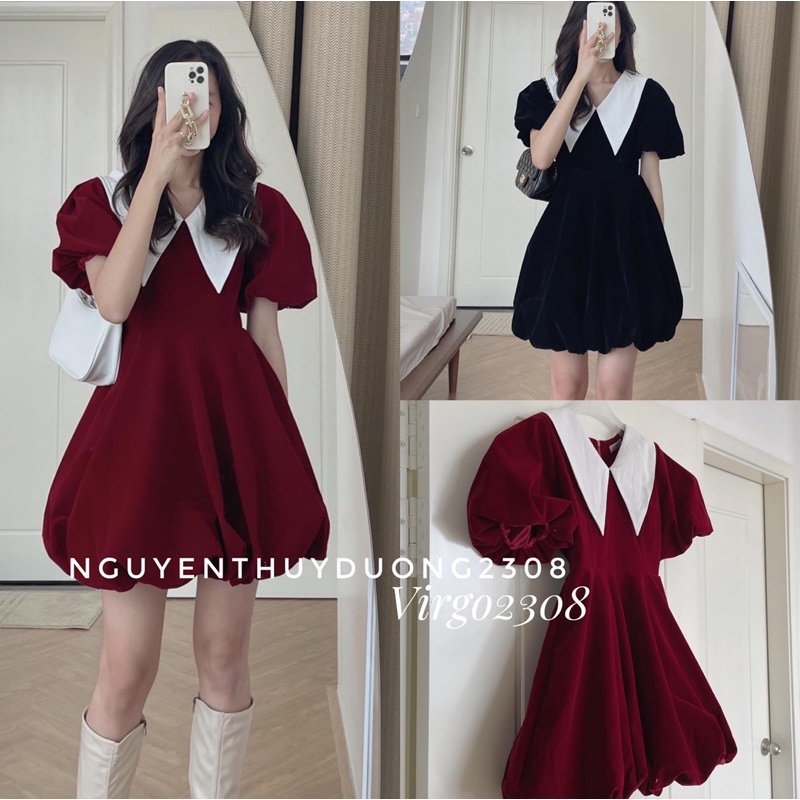 VÁY-ĐẦM NHUNG MINIDRESS CỔ TRẮNG TAY BỒNG TIỂU THƯ