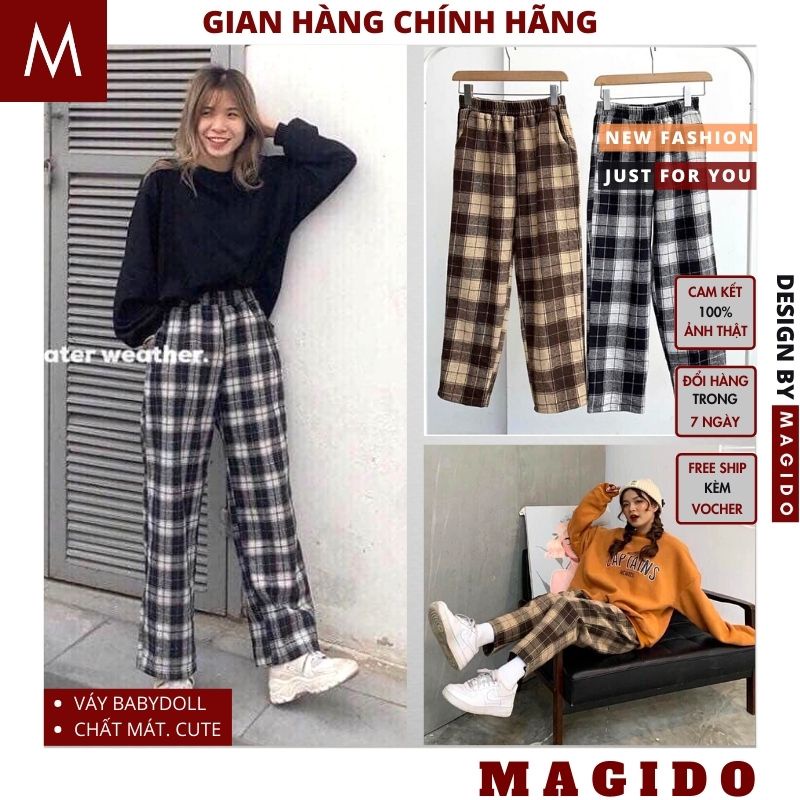 Quần Kẻ Sọc Caro Nâu Dáng Suông 💚 Quần Ống Rộng Kẻ Caro Phong Cách Hàn Quốc, ULZZANG MAGIDO