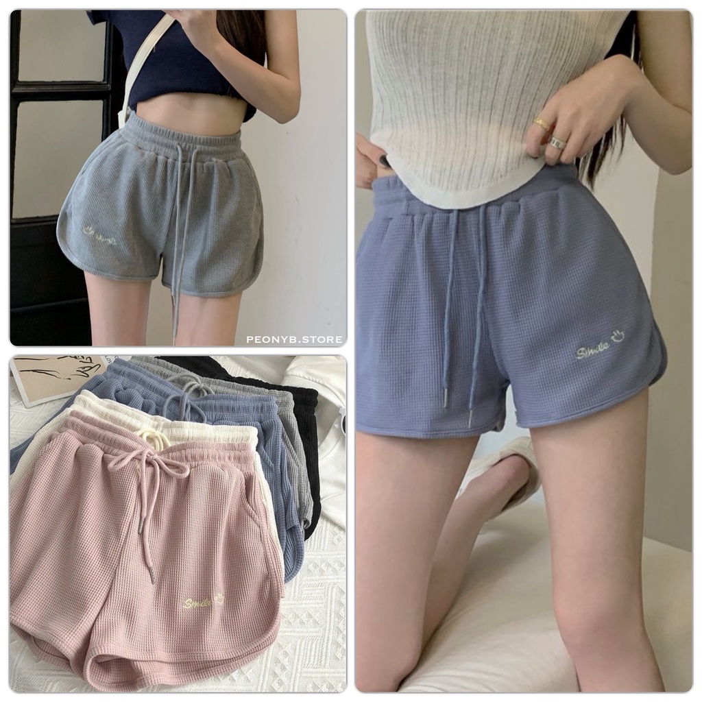 Quần Short Thun Tăm Smile PEONYB Nữ [FREESHIP] 🌸 Sooc đùi mặc ở nhà thêu chữ vintage, đồ ngủ bánh bèo hàn quốc Ulzzang 🌸 | BigBuy360 - bigbuy360.vn