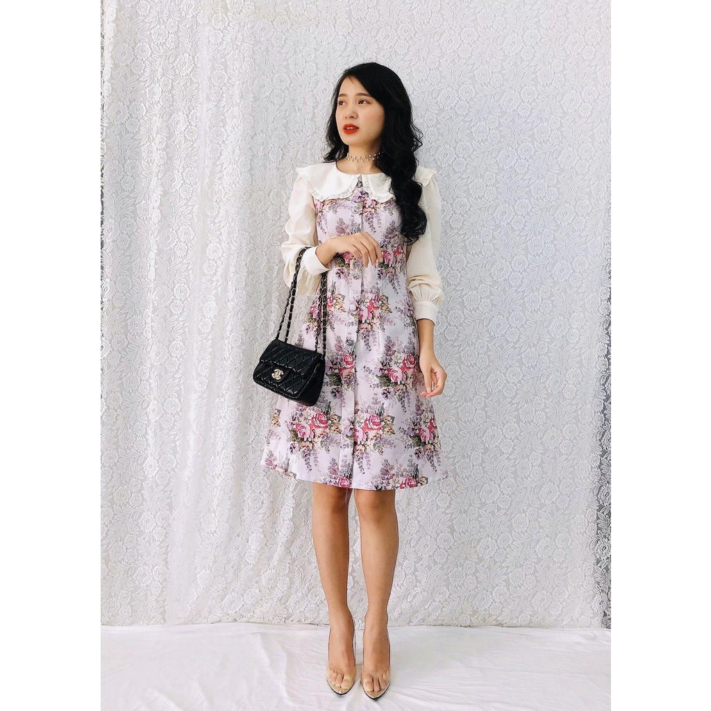 Đầm Xòe Hoa Dự Tiệc Tay Dài S&amp;M Cực Sang Trọng, Tôn Dáng GR176- Hình Thật Shop Tự Chụp
