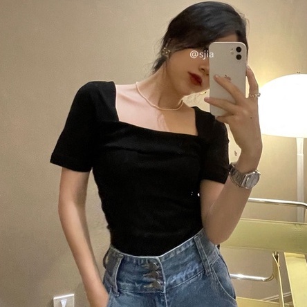 Áo dệt kim ZHELIHANGFEI tay ngắn cổ vuông gợi cảm thời trang