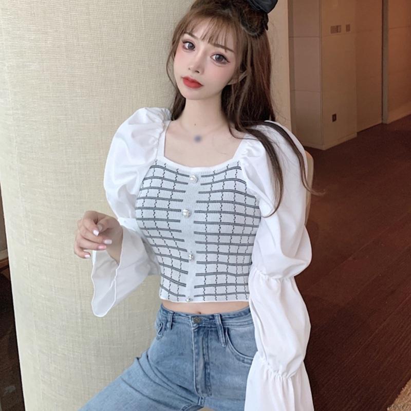 Áo Kiểu Nữ Dài Tay Cổ Vuông Kẻ Sọc Ô Vuông Thời Trang Hàn
