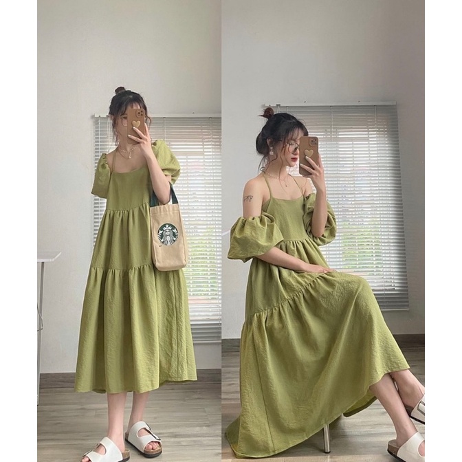 Váy babydoll dài thân đũi xốp tay bồng 2 lớp có thể tháo rời. Shyncloset