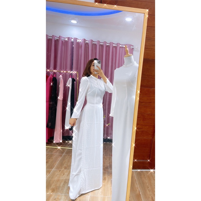 𝐌𝐀𝐑𝐈𝐀 ÁO DÀI CÔ DÂU MÀU TRẮNG LỤA TAY BỒNG