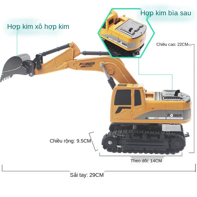 Máy xúc điều khiển từ xa bằng hợp kim không mùi cho trẻ em, đồ chơi chống rơi và an toàn, bé trai