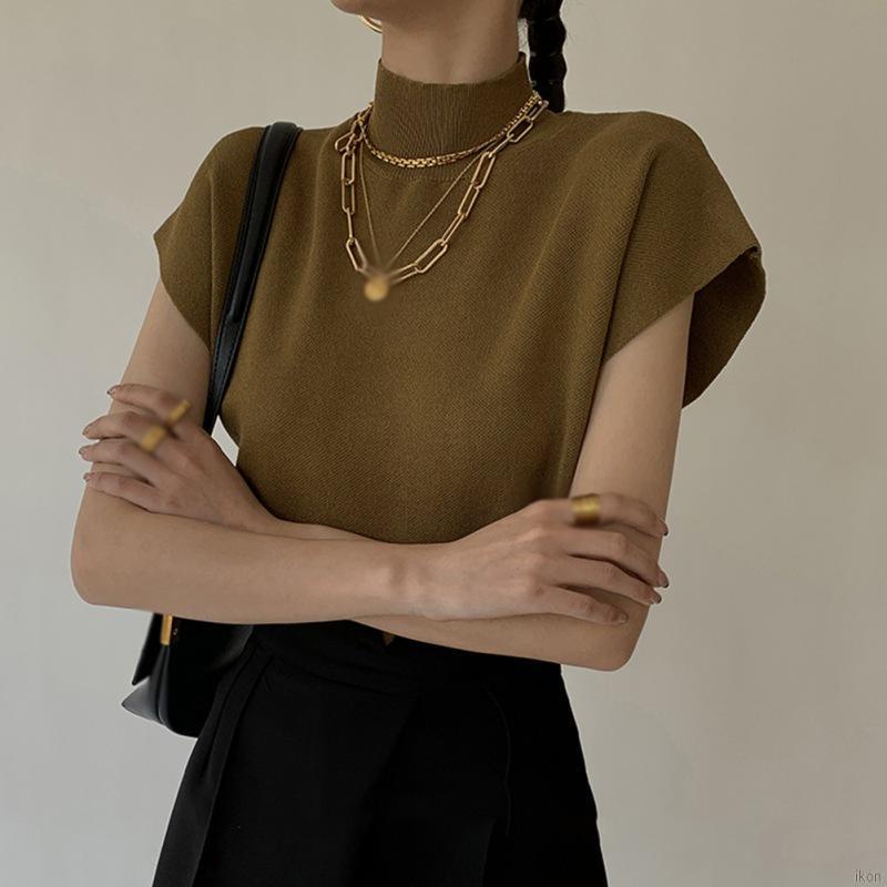 Áo kiểu mặc chui đầu tay ngắn cổ lọ màu trơn phong cách vintage thời trang