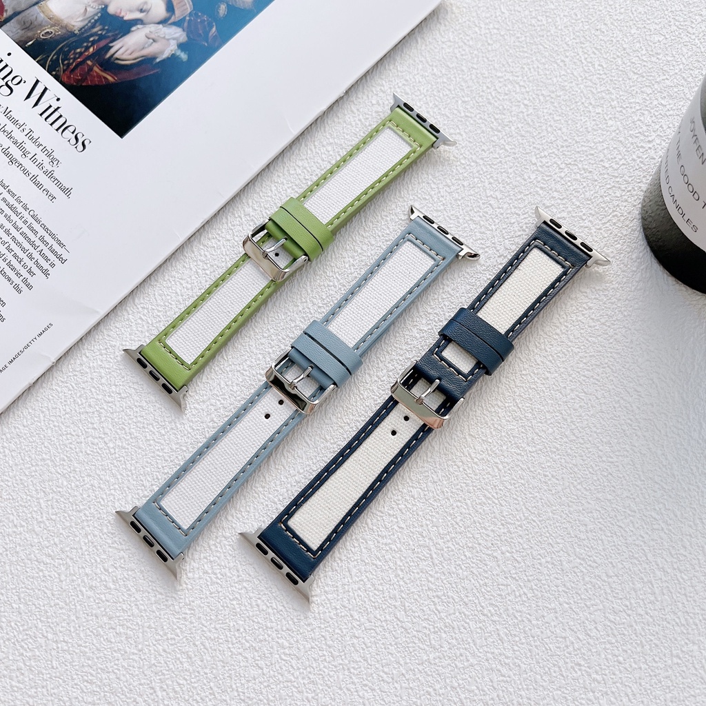 Dây đeo bằng da canvas 38mm 40mm 42mm 44mm 41mm 45mm thời trang cho Apple iWatch series 7 6 5 SE 4 3 2