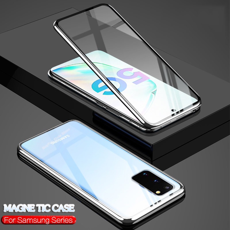 Ốp Điện Thoại Kính Cường Lực Cứng Hai Mặt Viền Kim Loại Nam Châm Bảo Vệ 360 Độ Cho Samsung Galaxy A51 A71