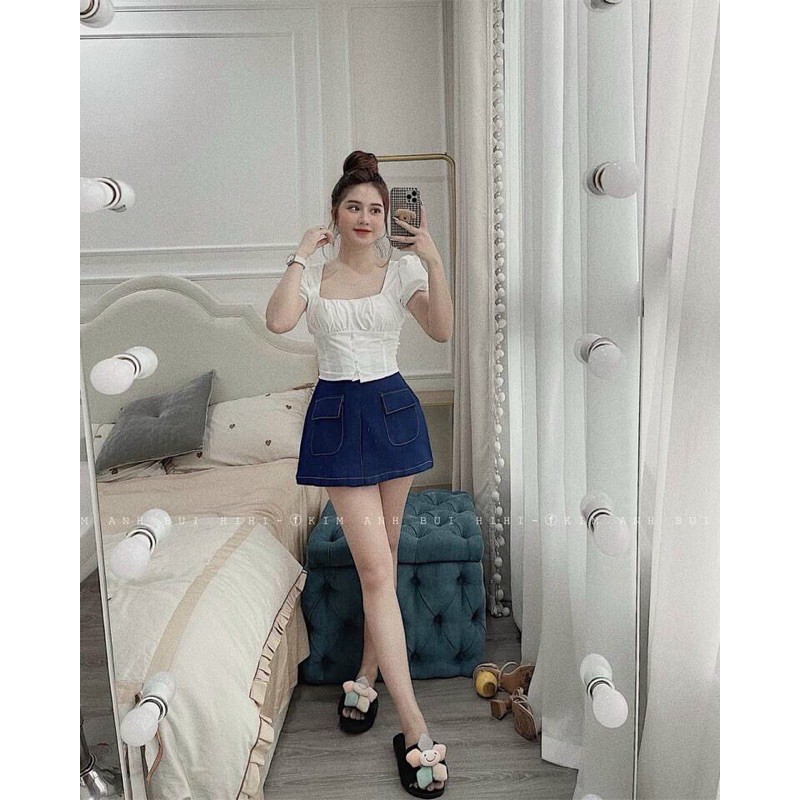 Set áo Smi croptop khuyu ngọc  -quẦn giả váy