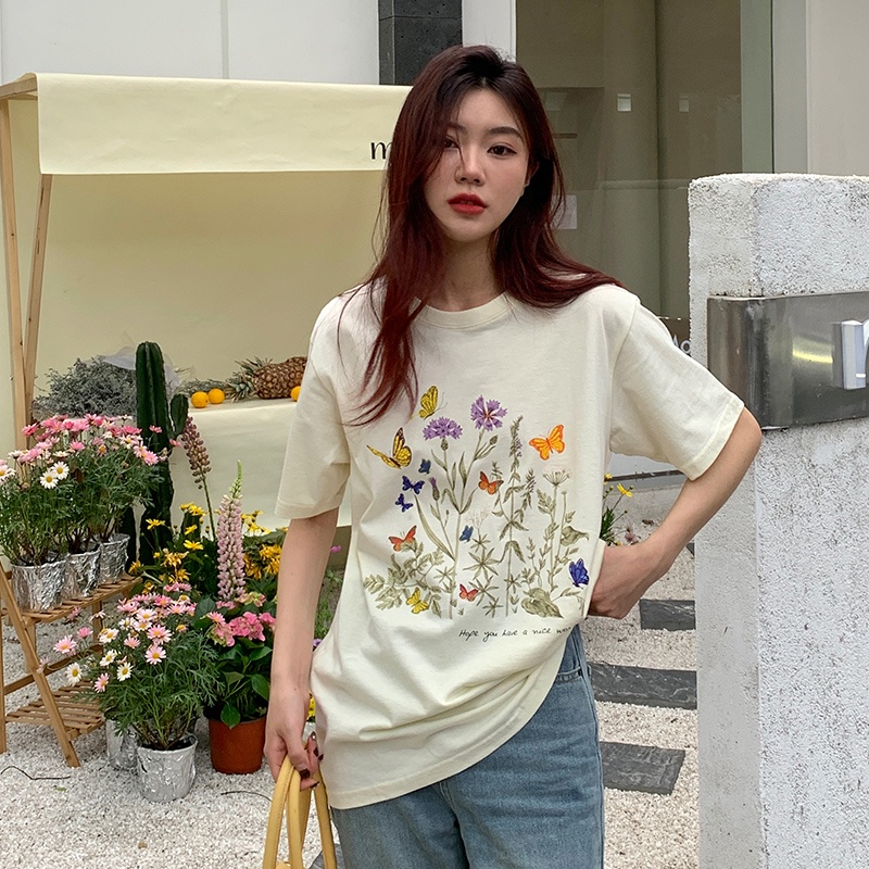 Áo thun SUXI cotton tay ngắn cổ tròn in họa tiết hoa phong cách Hàn Quốc trẻ trung cho nữ