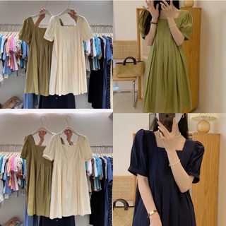 Đầm suông nữ kiểu cổ U xếp ly tay ngắn phồng có lót trong freesize Pumi
