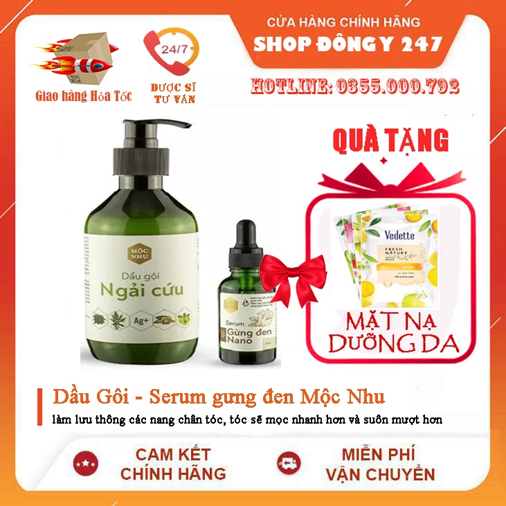 Bộ Dầu gội Ngải Cứu + Serum gừng đen nano Mộc Nhu- sạch gàu ngứa nấm da đầu, giảm tóc dầu,Tặng gel tay+ son