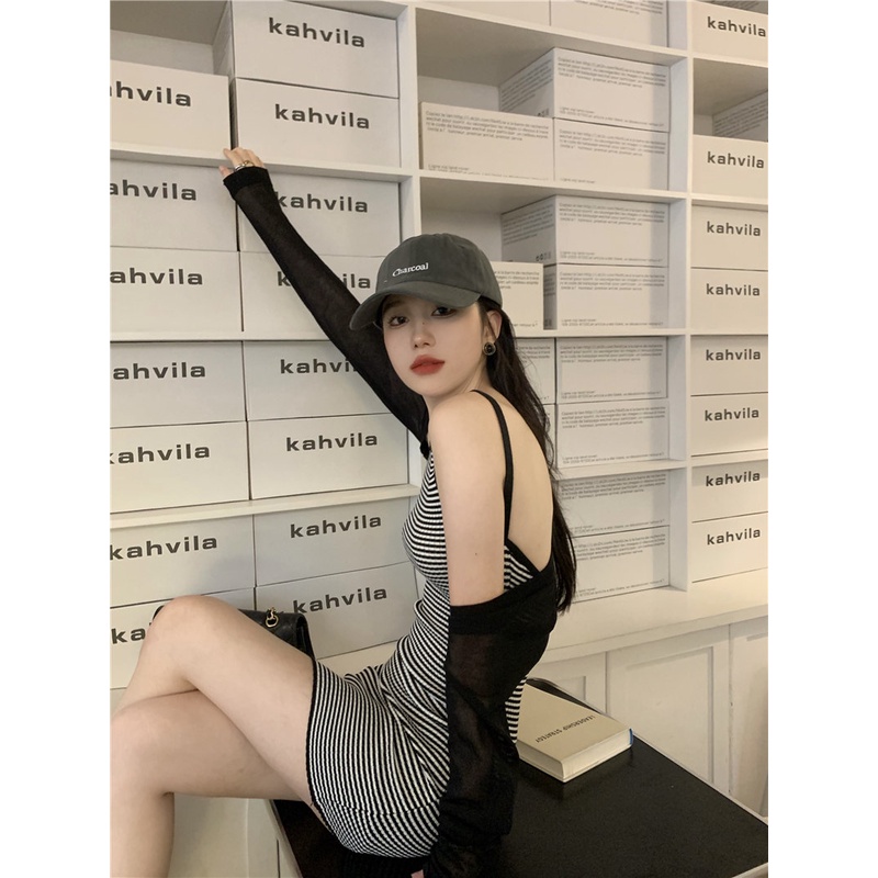 Đầm Hai Dây Hở Lưng Họa Tiết Kẻ Sọc Màu Sắc Tương Phản Phong Cách Hàn Quốc Thời Trang Dành Cho Nữ