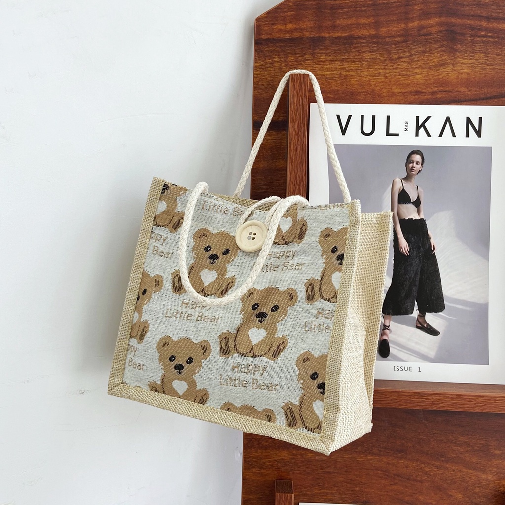 Túi tote đeo chéo nữ vải bố phong cách Hàn Quốc hình gấu dễ thương