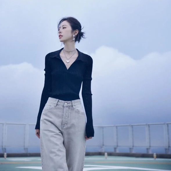 Áo kiểu ZHELIHANGFEI dệt kim tay dài cổ chữ V ôm dáng vừa vặn thời trang dành cho nữ