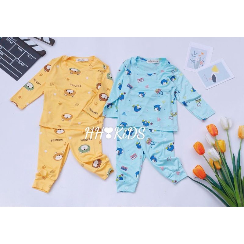 Bộ dài tay mỏng  vải thun lạnh in họa tiết mặc điều hòa hè thu cho bé (7-17kg)