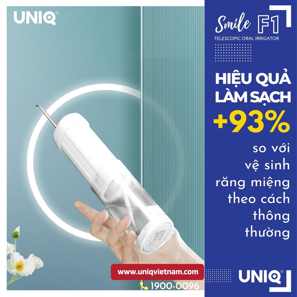 Máy tăm nước mini chính hãng UNIQ Smile F1 Nhật Bản cao cấp bóng trọng lực Gravity H2OFloss Waterpik cầm tay trắng hồng