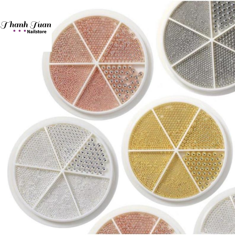 Set bi trang trí móng kim loại khay tròn 6 ngăn Mix Size  - Phụ kiện đồ nail