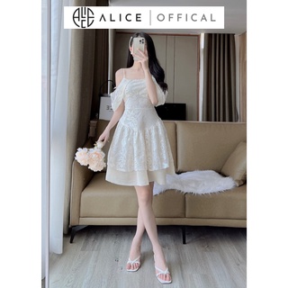 Váy ren nữ tiểu thư dáng xòe alice phối tơ nến lót lụa, thiết kế trễ vai sang chảnh v799