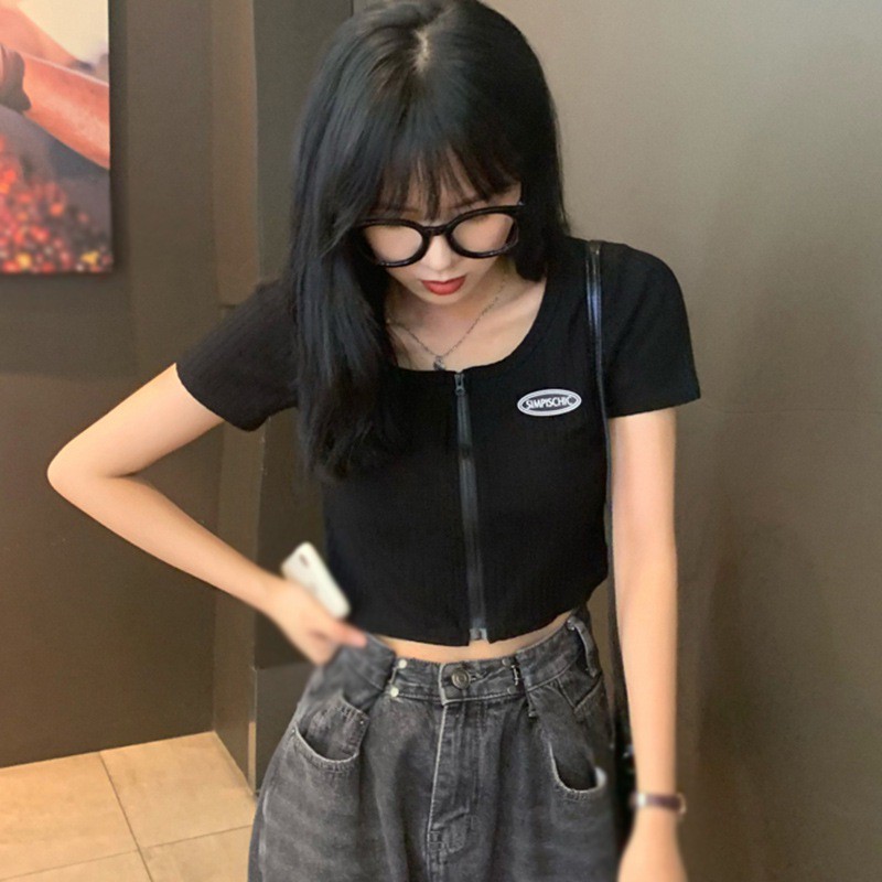 Áo Croptop Dệt Kim Tay Ngắn Thiết Kế Khoá Kéo Thanh Lịch