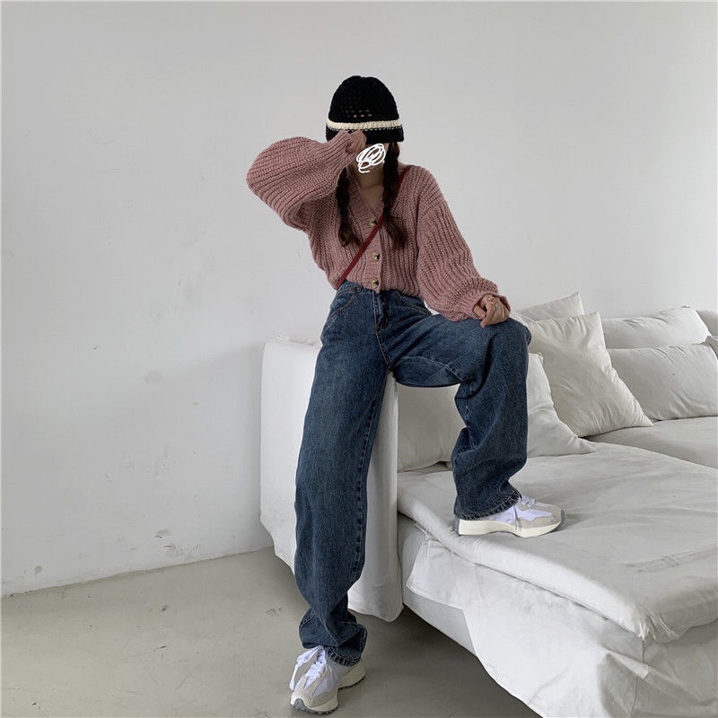 Quần Jean Dài Lưng Cao Ống Rộng Phong Cách Hàn Quốc Thời Trang Mùa Thu Cho Nữ