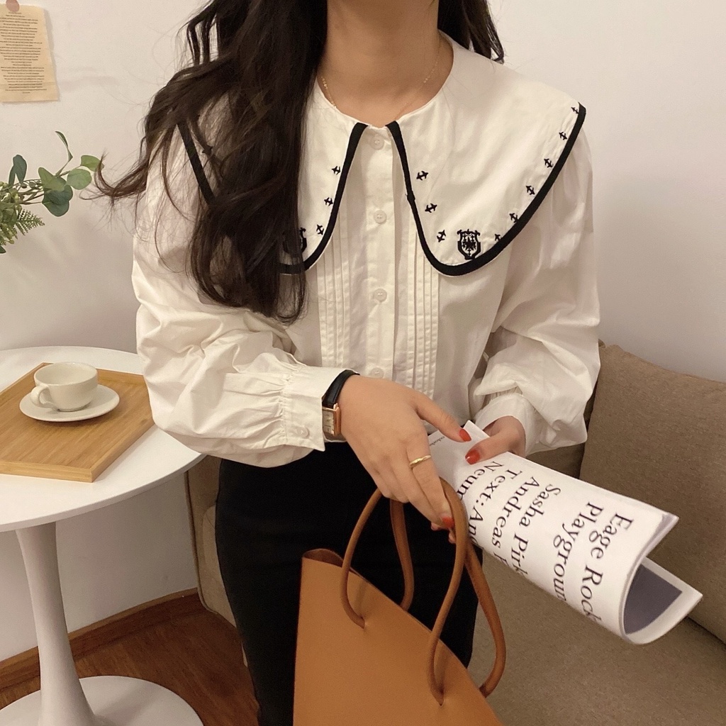 [Ảnh thật] Áo sơ mi cổ bèo xếp li ngực cách điệu họa tiết cổ áo ulzzang
