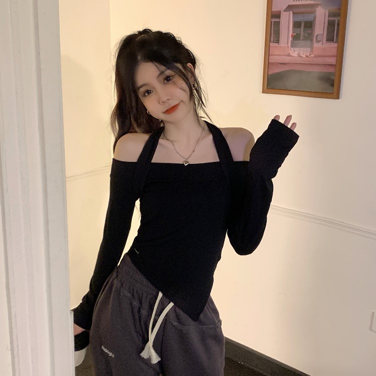 Áo trễ vai. Áo kiểu nữ len mỏng dài tay kèm dây yếm dáng ôm sexy co giãn phong cách Ulzzang.
